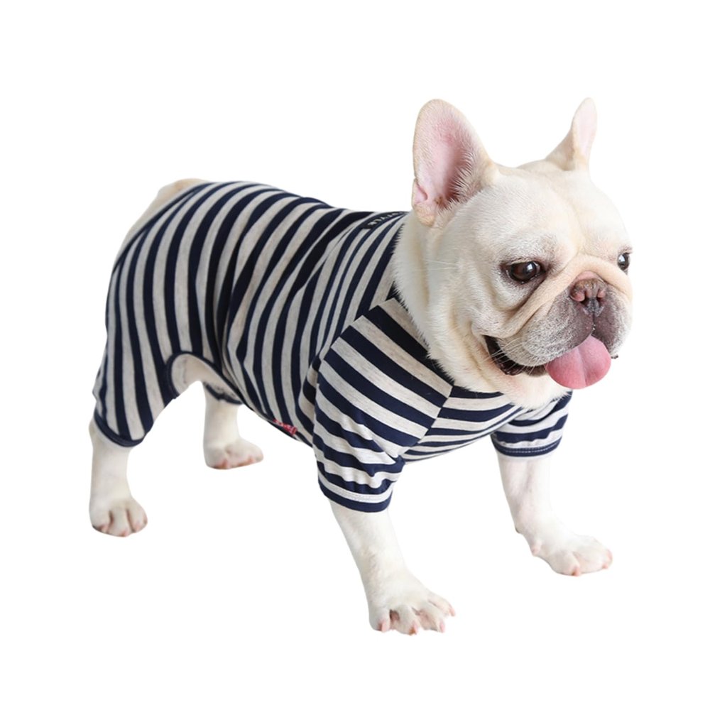 BT Bear Fat Dog Clothes, Classic Striped Soft Cotton Pajamas Jumpsuit for Pugs, French Bulldogs, Puppies, and Small to Medium Dogs, Navy Blue, X-Small