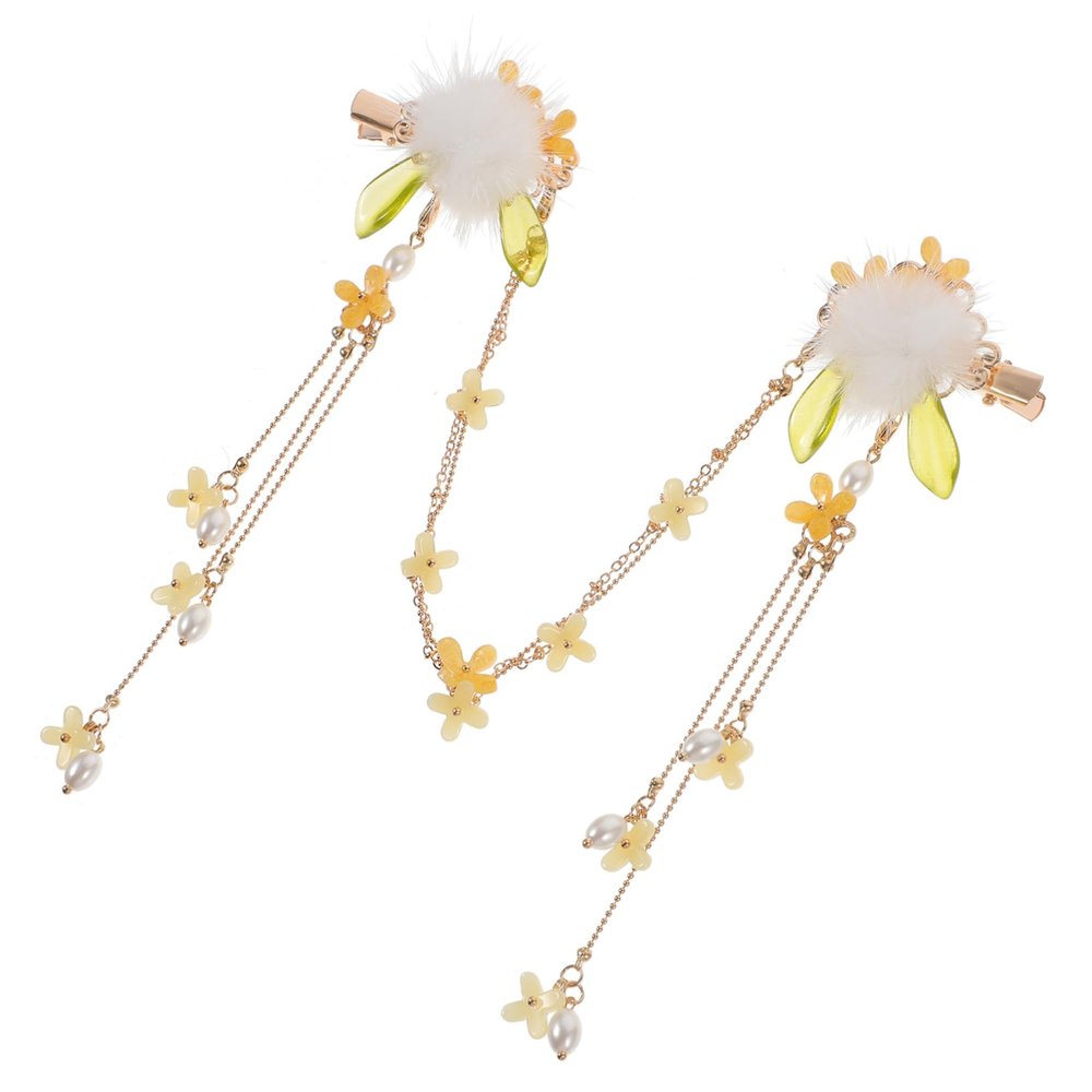 Healvian Chinese Hanfu Hair Accessory with Floral Alloy and Fluffy Balls, Lightweight Hair Clip for Girls