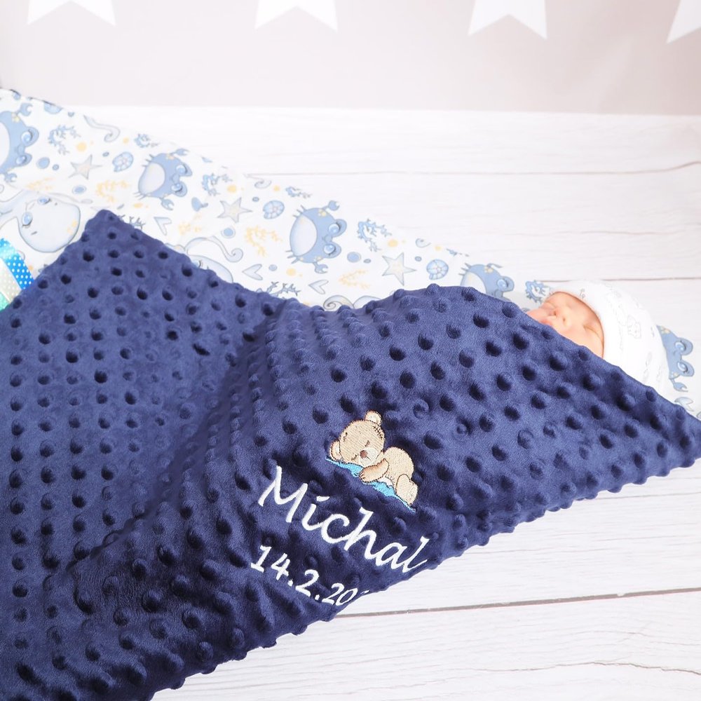Personalized Baby Blanket with Name, Navy Plush & Cotton, Octopus Design, Embroidered, Warm & Winter-Ready, 75 x 100 cm