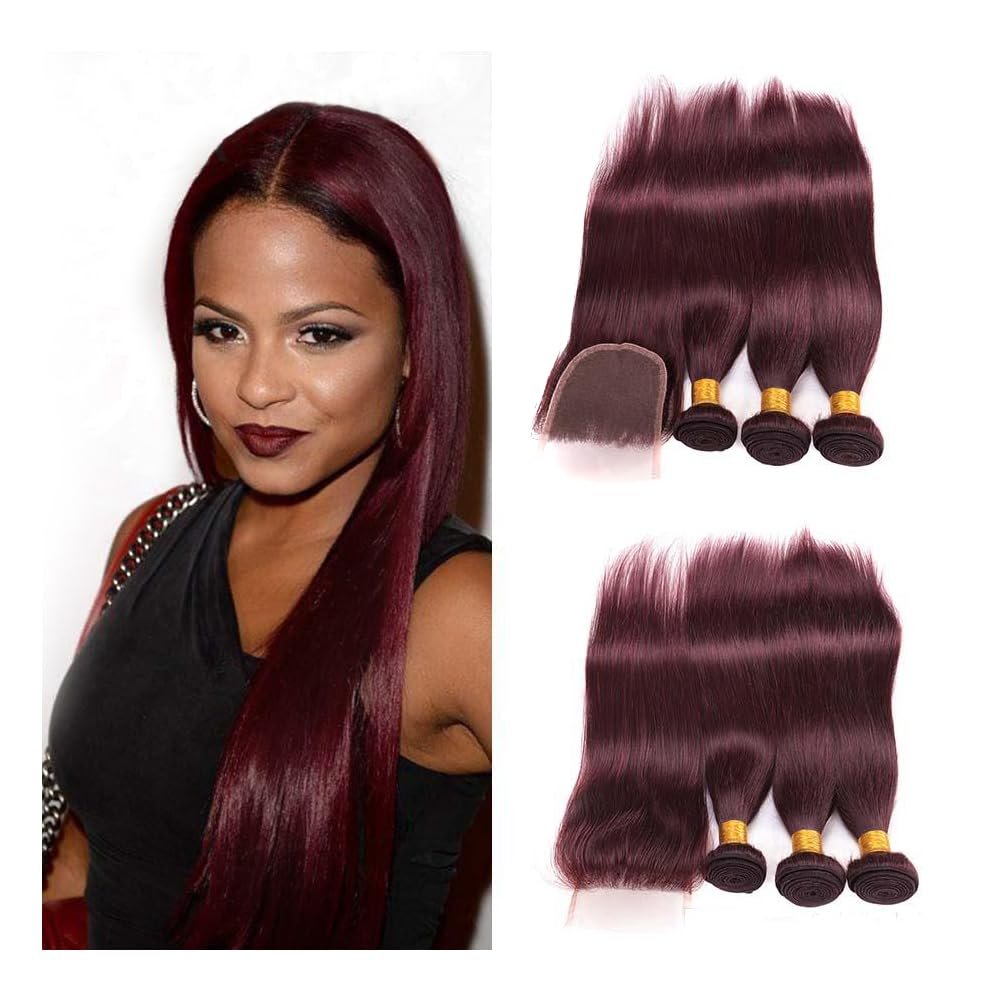 Larafona Human Hair Weft Extensions with Lace Closure, Burgundy 99J, 3-Piece Set (18", 20", 22") + 14" Closure