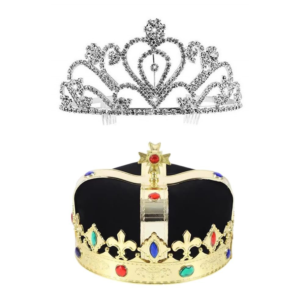LEEMASING King Crown and Jeweled Queen Crown, for Birthday, Halloween, Cosplay, Party, Wedding, Prom, Quinceañera Pageant, 2 Pieces (Black)