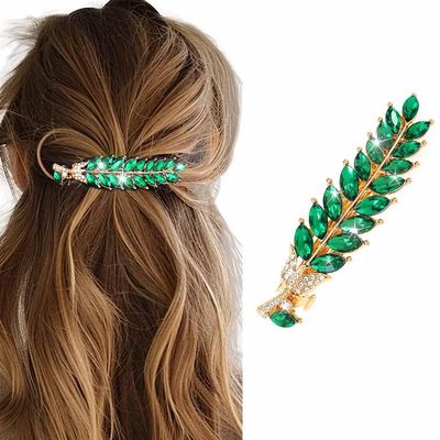 JAKAWIN Hair Barrette with Leaf Crystals and Rhinestones, Vintage Style, Sparkly, for Women (1 Green)