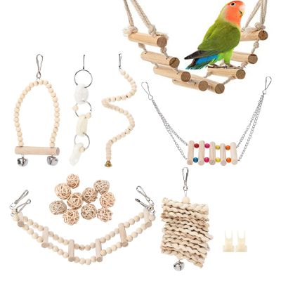 Parrot Chew Toy Set with Hanging Wooden Hammock, Bird Cage Swing and Climbing Ladder for Cockatiels, Finches and Small Parakeets