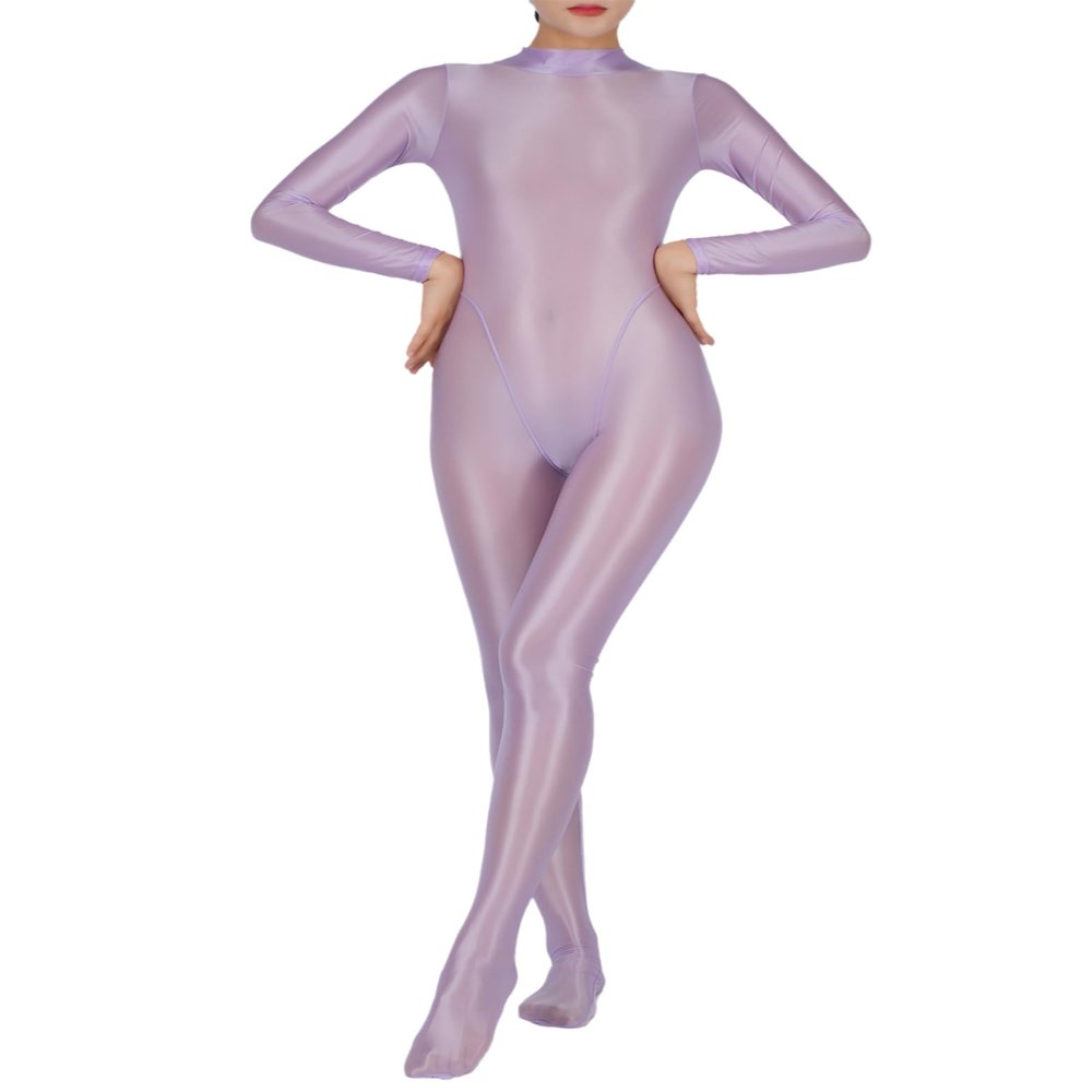 RUNQHUI Women's Shiny Full-Body Stretch Bodystocking, Purple, 3XL