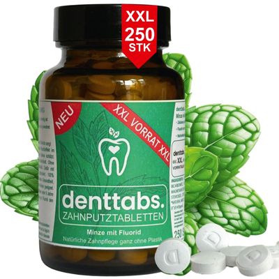 DENTTABS Mint Toothpaste Tablets with Fluoride, XXL Glass, 250 Count