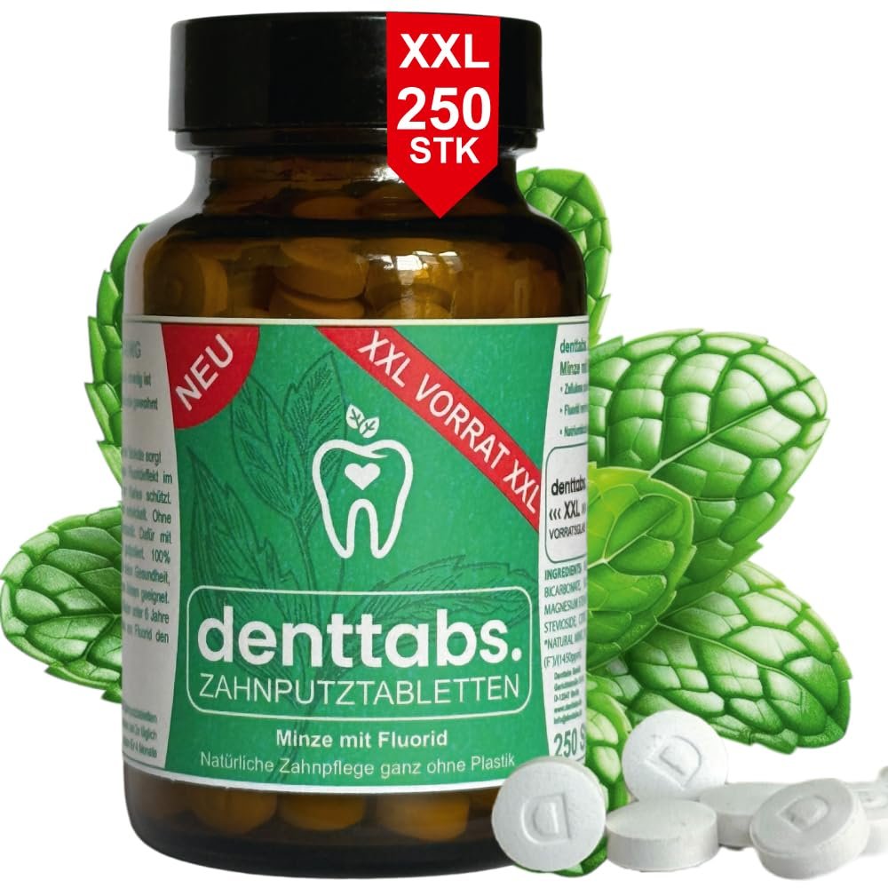 DENTTABS Mint Toothpaste Tablets with Fluoride, XXL Glass, 250 Count