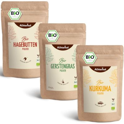 Organic Golden Milk Blend 3-Pack Maxi | 3 x 1,000 g | Stock-Up Pack | Turmeric, Barley Grass & Rosehip Powders | Achterhof