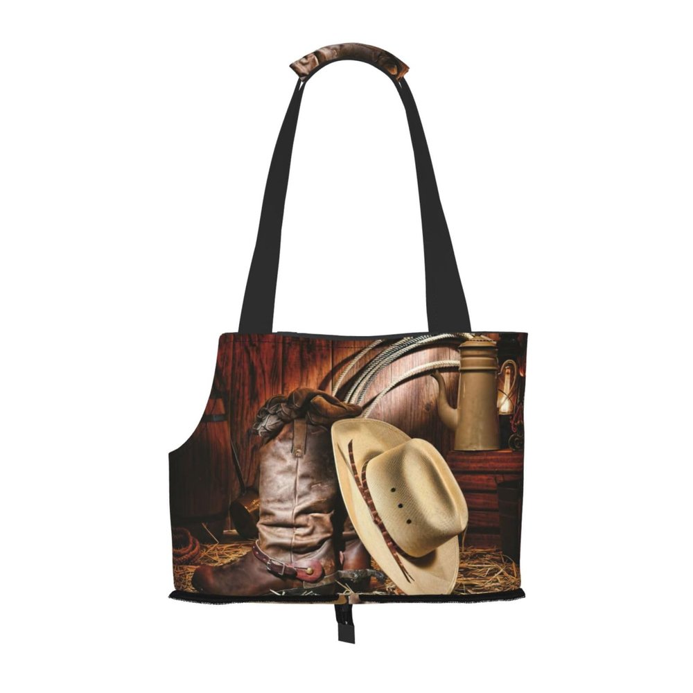 Black Cowboy-Themed Pet Carrier with Western Boots for Small Dogs, Cats, and Rabbits