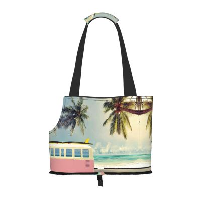 Pet Carrier Bag with Bus, Beach & Ocean Print for Small Dogs, Cats and Rabbits