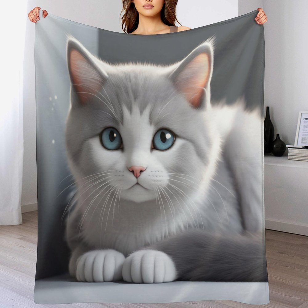 Cute Cat Fleece Blanket, Thick, Warm and Soft, 3D Pattern, 130 × 180 cm
