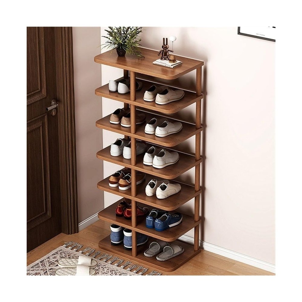 Multi-Tier Shoe Storage Organizer, Narrow Vertical Rack for 8–14 Pairs, Brown/White