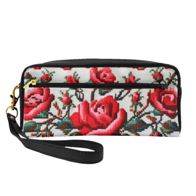 Ukrainian PU Leather Makeup Bag with Rose Print, Wrist Strap, Black, One Size