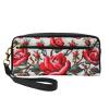Ukrainian PU Leather Makeup Bag with Rose Print, Wrist Strap, Black, One Size view 1