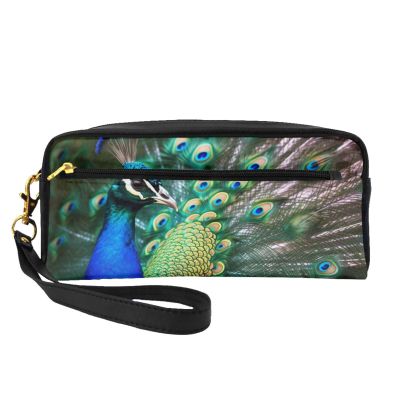 Beautiful Leather Makeup Bag with Peacock Pattern, Wrist Strap, Portable Travel Toiletry Bag and Cosmetic Organizer for Women, Black, One Size