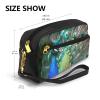 Beautiful Leather Makeup Bag with Peacock Pattern, Wrist Strap, Portable Travel Toiletry Bag and Cosmetic Organizer for Women, Black, One Size view 3
