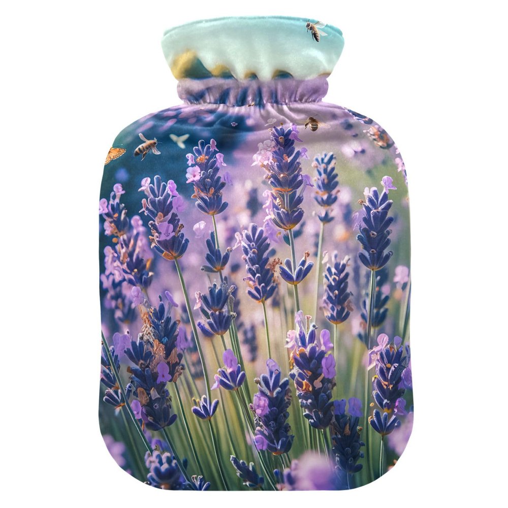 Hot Water Bottle with Lavender Field and Butterfly Design, Hot or Cold Water Bottle with Soft Cover, for Menstrual Cramps and Pain Relief, 1 L