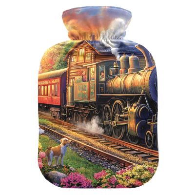 Mountain Train Adventure Green Hot Water Bottle with Soft Cover, 1 Liter