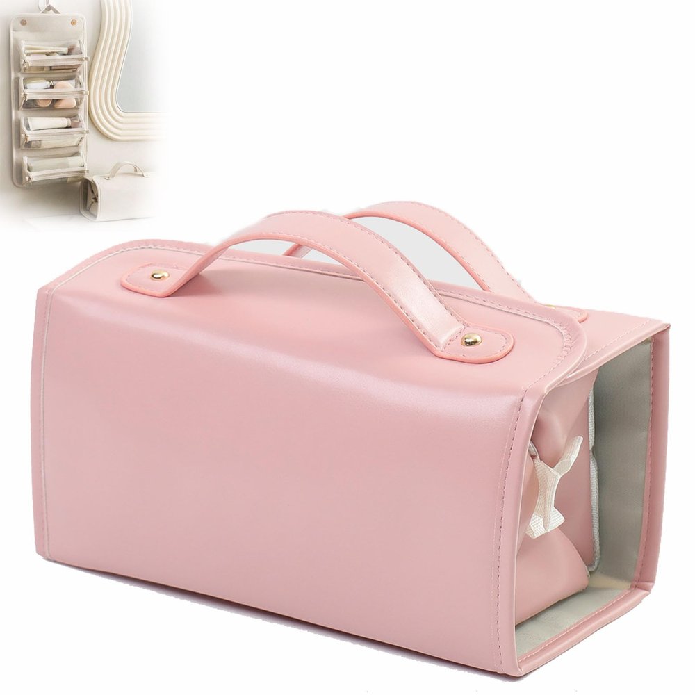 4-in-1 Detachable Large-Capacity Makeup Bag, Hanging Roll-Up Travel Toiletry Bag, Waterproof Leather Cosmetic Case, Pink