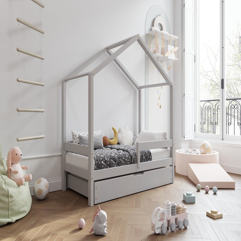 TIMBEE HUFIE Wooden Toddler Bed - House-Shaped with Rails - Scandinavian Style - Solid Natural Wood - with Drawer - Gray - 70 x 140 cm
