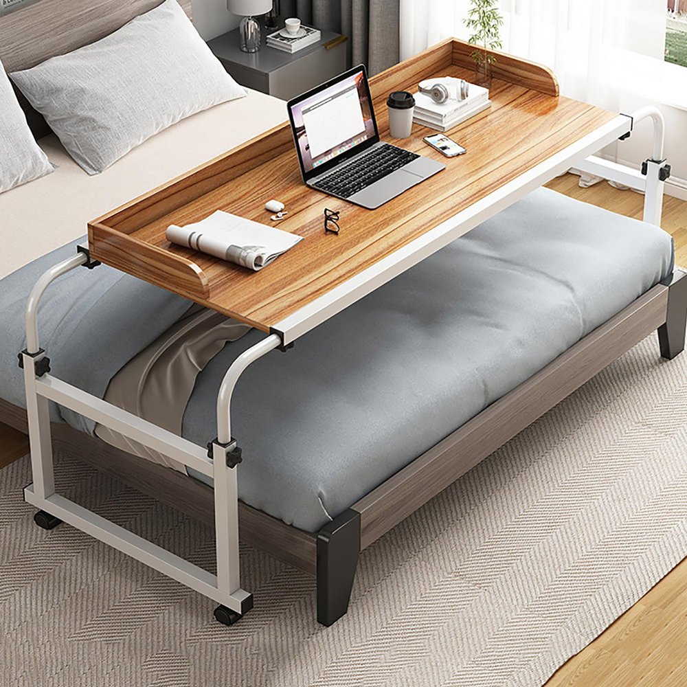 YFWOKSL Adjustable Rolling Overbed Table with Solid Wood Tabletop