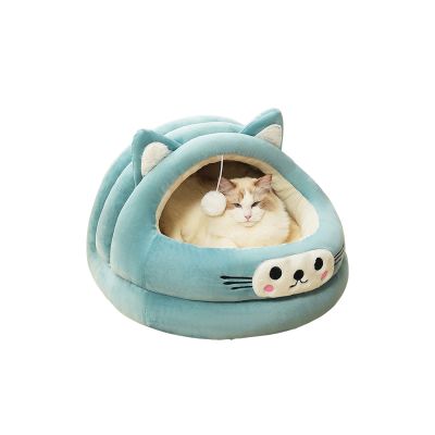 Galate Cat Cave Bed, Warm Cartoon Pet House with Hanging Ball, Plush Pet Tent, M, Green