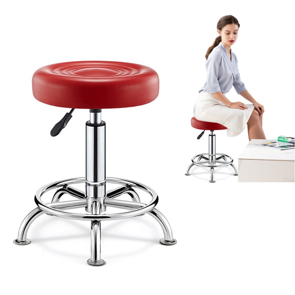 Adjustable Round PU-Leather Swivel Stool with 5 Wheels, Red