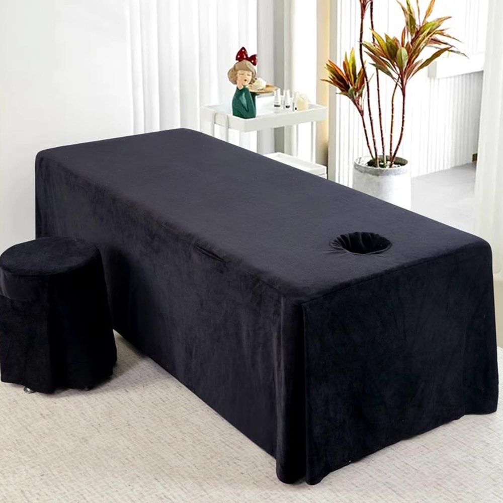 LDLCYCN Quilted Massage Table Skirt Cover with Face Hole, Crystal Velvet, B/Black, 70 × 185 cm (S)