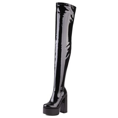 Gicoiz Women's Round-Toe Patent Stretch Over-the-Knee Boots, Platform Chunky Block Heel, Black Patent, Size 36.5 / EU-37Cn