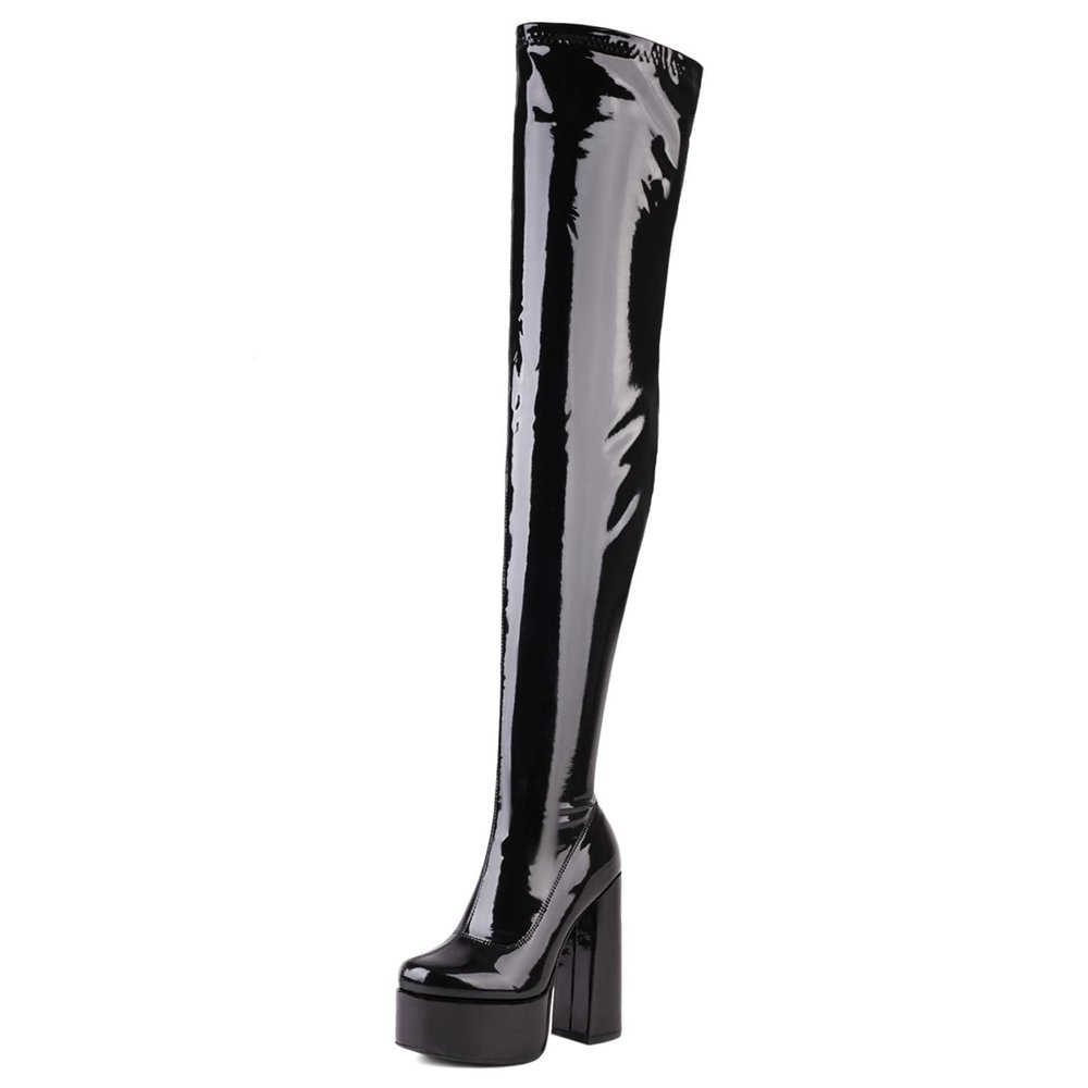 Gicoiz Women's Round-Toe Patent Stretch Over-the-Knee Boots, Platform Chunky Block Heel, Black Patent, Size 36.5 / EU-37Cn