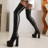 Gicoiz Women's Round-Toe Patent Stretch Over-the-Knee Boots, Platform Chunky Block Heel, Black Patent, Size 36.5 / EU-37Cn view 2