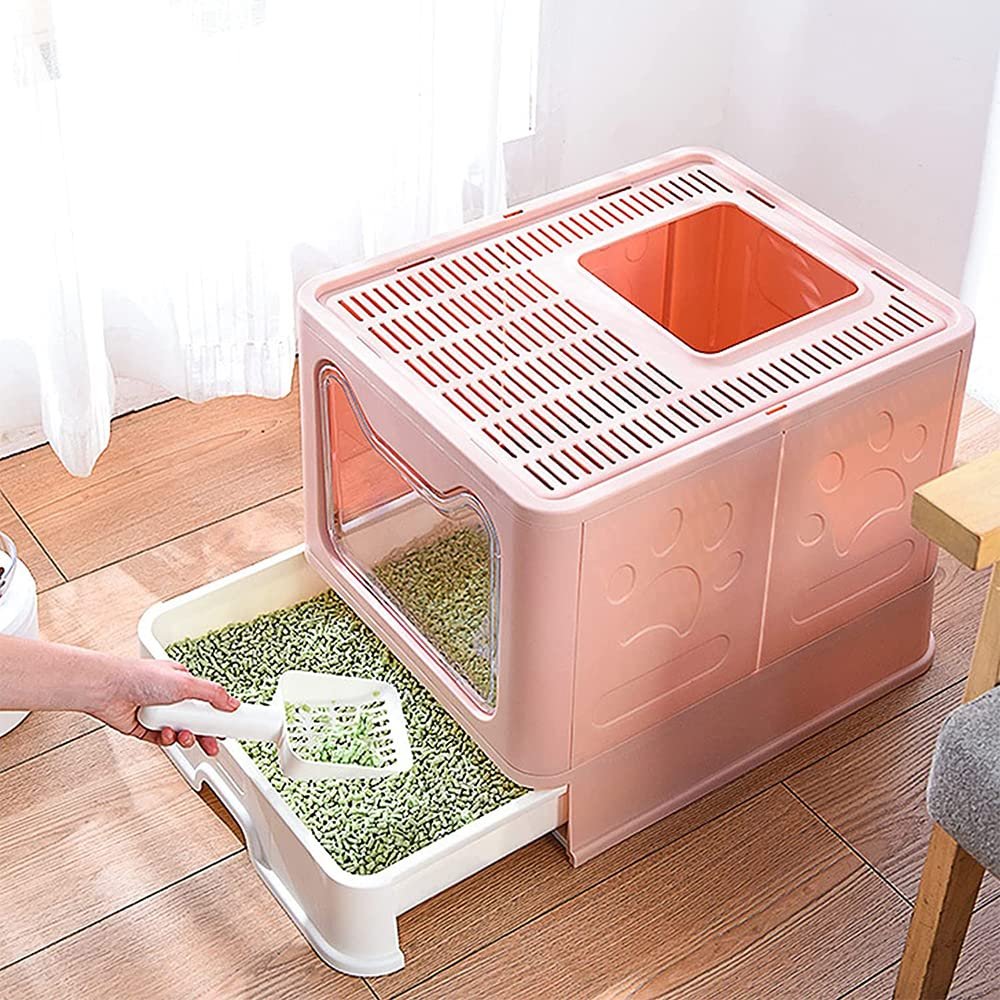 Large Covered Cat Litter Box with Drawer and Scoop, Foldable, XXL, Pink