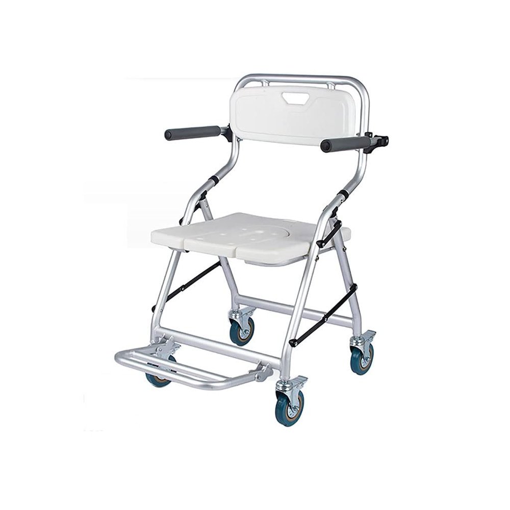 Folding Aluminum Commode and Shower Chair with Wheels, Armrests and Footrests, Supports up to 120 kg