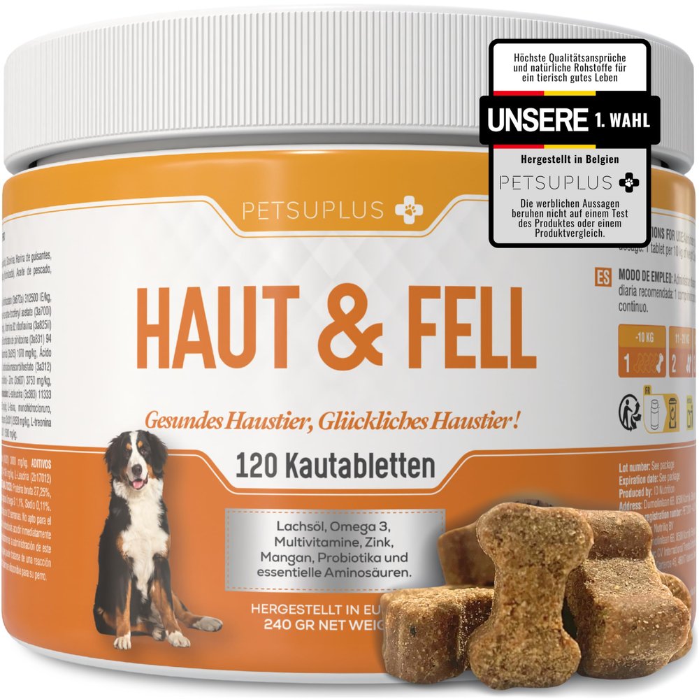 PETSUPLUS Skin & Coat Dog Supplements with Omega-3 and Salmon Oil, 120 Treats