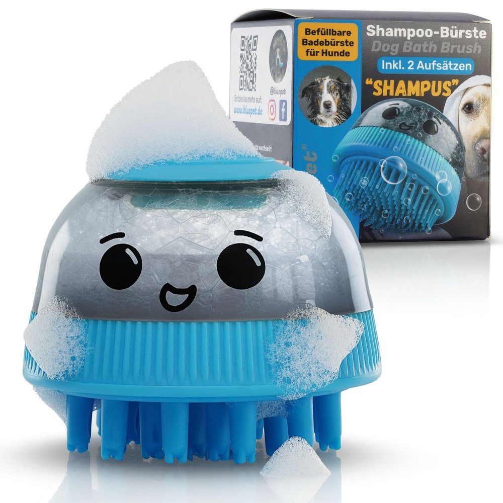 BluePet Refillable Dog Shampoo Bath Brush + 2 Attachments (Soft/Firm)