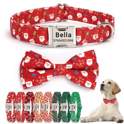 SEOUGEE Personalized Christmas Dog Collar with Bow, Adjustable Soft Cotton, Engraved Metal Buckle, Red Santa, L