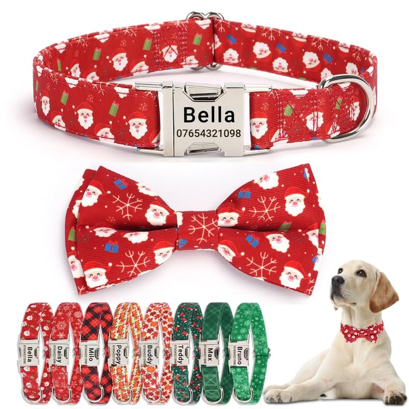 SEOUGEE Personalized Christmas Dog Collar with Bow, Adjustable Soft Cotton, Engraved Metal Buckle, Red Santa, L