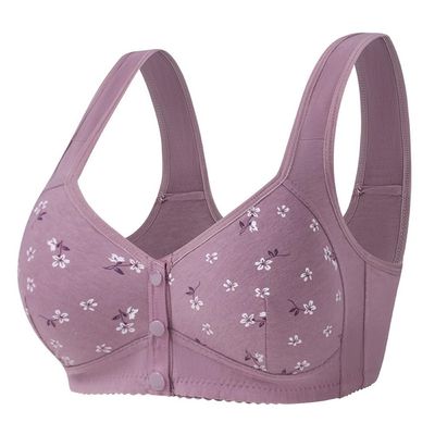 PrinStory Women's Wireless Front-Closure Bra with Snap Buttons, Purple Daisy, 40C/90C