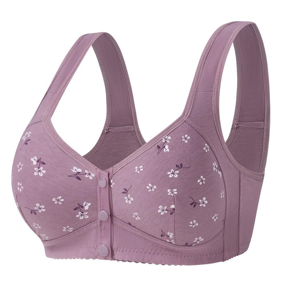 PrinStory Women's Wireless Front-Closure Bra with Snap Buttons, Purple Daisy, 40C/90C