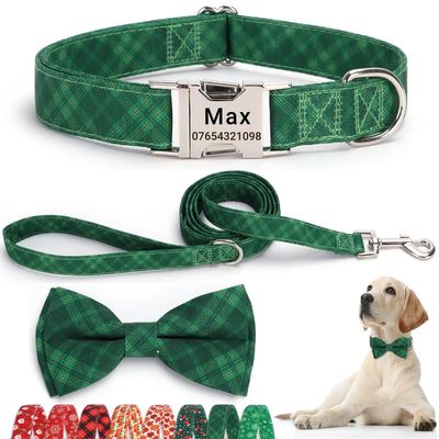 SEOUGEE Personalized Christmas Dog Collar with Bow and Leash, Green Plaid Set, XL
