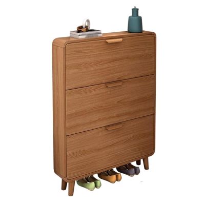Wooden Shoe Cabinet with 3 Flip-Down Drawers, Slim Stackable Shoe Organizer (90 x