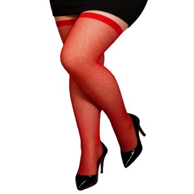 comeondear Women's Thigh-High Fishnet Stockings, Stretchy, Non-Slip, Small Mesh, Red, L–XXL