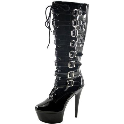 SPONYBORTY 14.5 cm Black Women's Platform Boots, High Heels, Long Shaft, Open Toe, A/46EU