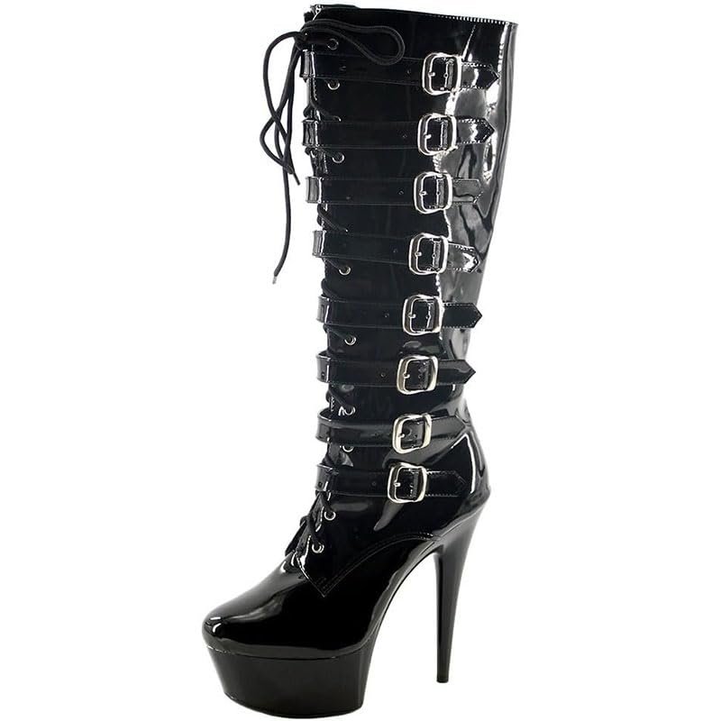 SPONYBORTY 14.5 cm Black Women's Platform Boots, High Heels, Long Shaft, Open Toe, A/46EU