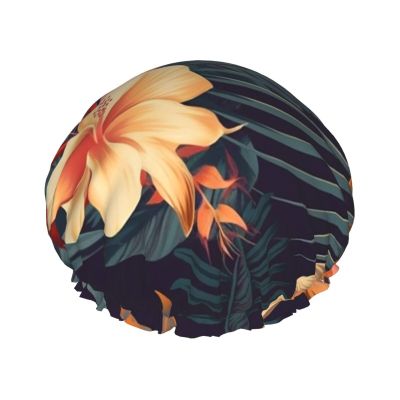 Double-Layer Shower Cap for Women, Tropical Floral Pattern, Reusable, for Bathing and Spa