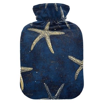 Hot Water Bottle with Soft Cover, Starfish Design, Gold and Navy Blue, 1 L