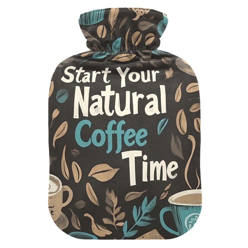 Hot Water Bottle with Coffee-Time Pattern, Black, Heat Pack for Neck and Shoulder Pain, 2 L