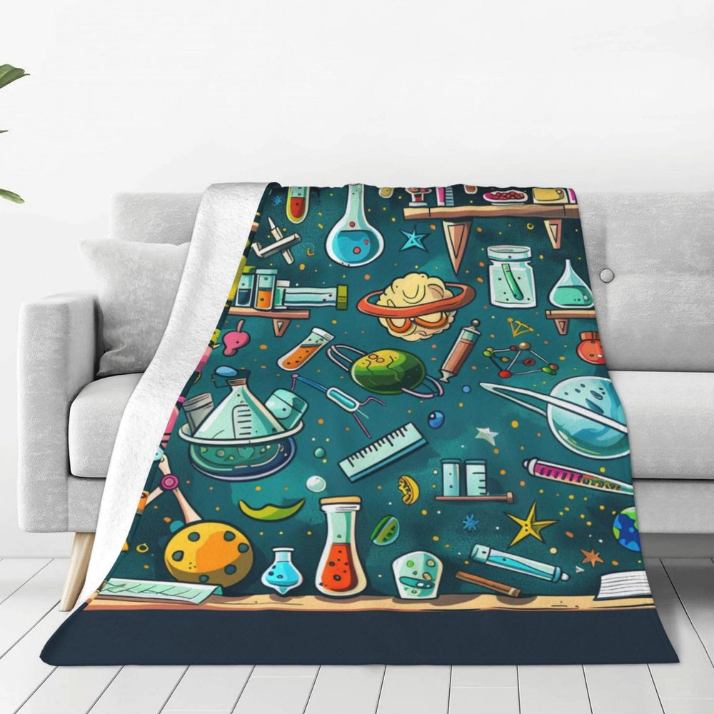 Ultra-Soft Flannel Blanket with Cartoon Science Pattern, 40 x 30 in