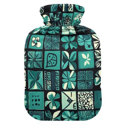 Geometric Tile Hot Water Bottle, Blue-Green, with Soft Cover, 2 L
