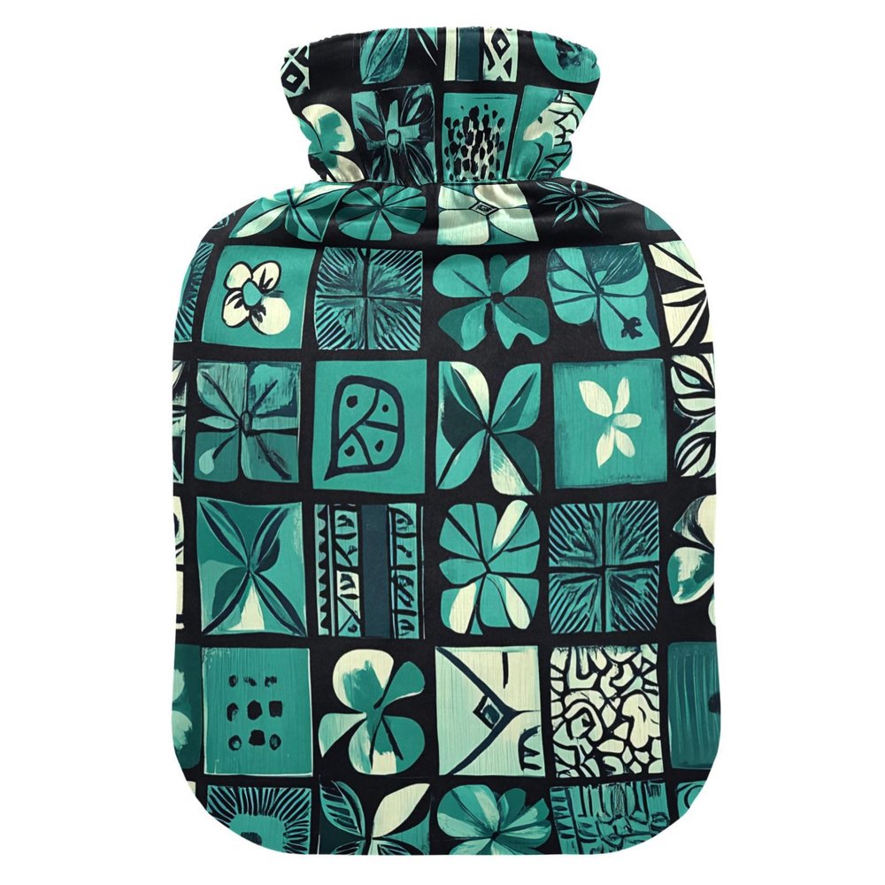 Geometric Tile Hot Water Bottle, Blue-Green, with Soft Cover, 2 L