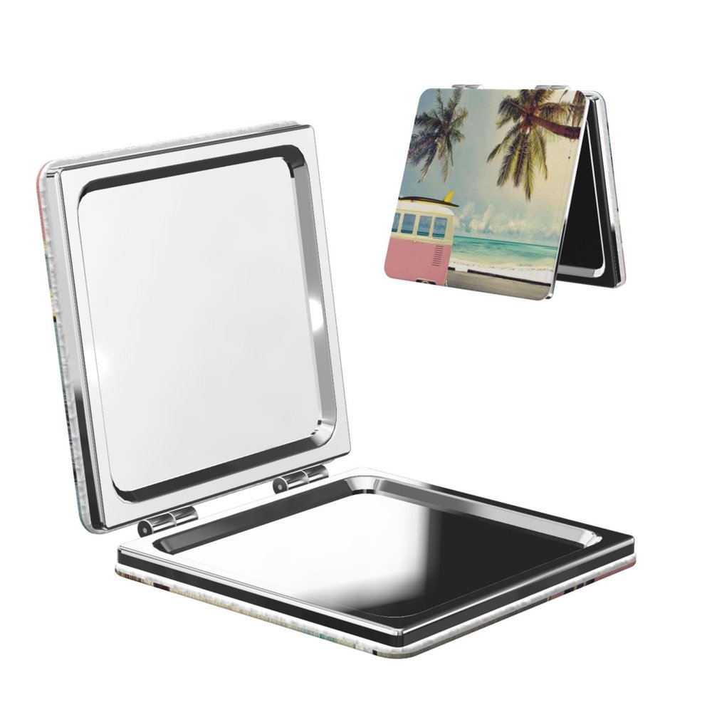 KIROJA Compact Pocket Mirror with Bus, Beach & Sea Design, Portable Mini Travel Makeup Mirror